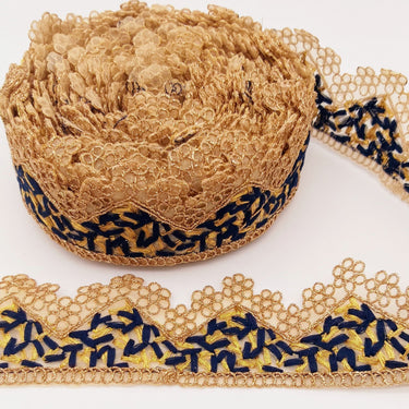 Gold Sheer Tissue Fabric Cutwork Trim with Embroidery in Gold and Navy Blue, Scallop Trim, Fringe Trim